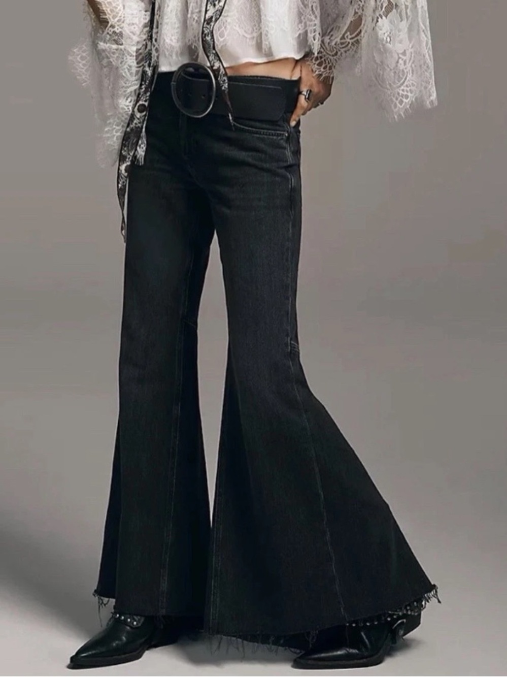 We The Free Emrie Flare Jeans Black High Rise Raw Hem Stretch Boho Festival 28 - Picture 16 of 16